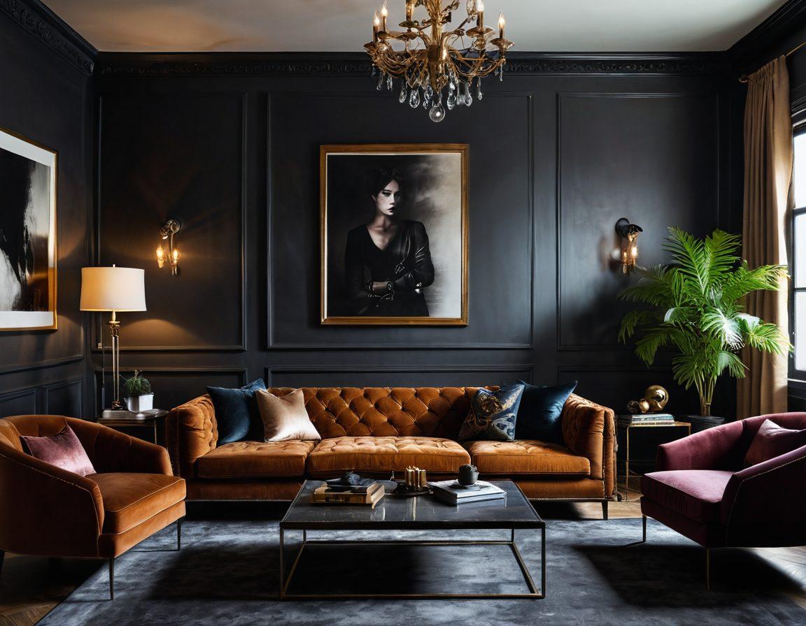 A stylish and bold living room featuring BDSM-inspired décor, showcasing rich textures like leather and velvet, decorative whips, and handcuffs artfully arranged on the walls. Soft, ambient lighting creates an intimate atmosphere, accented with deep, moody colors. A plush sofa adorned with luxurious cushions and some unique bondage-inspired art pieces are prominently displayed. The overall vibe is edgy yet inviting. super-realistic. rich textures. warm lighting.